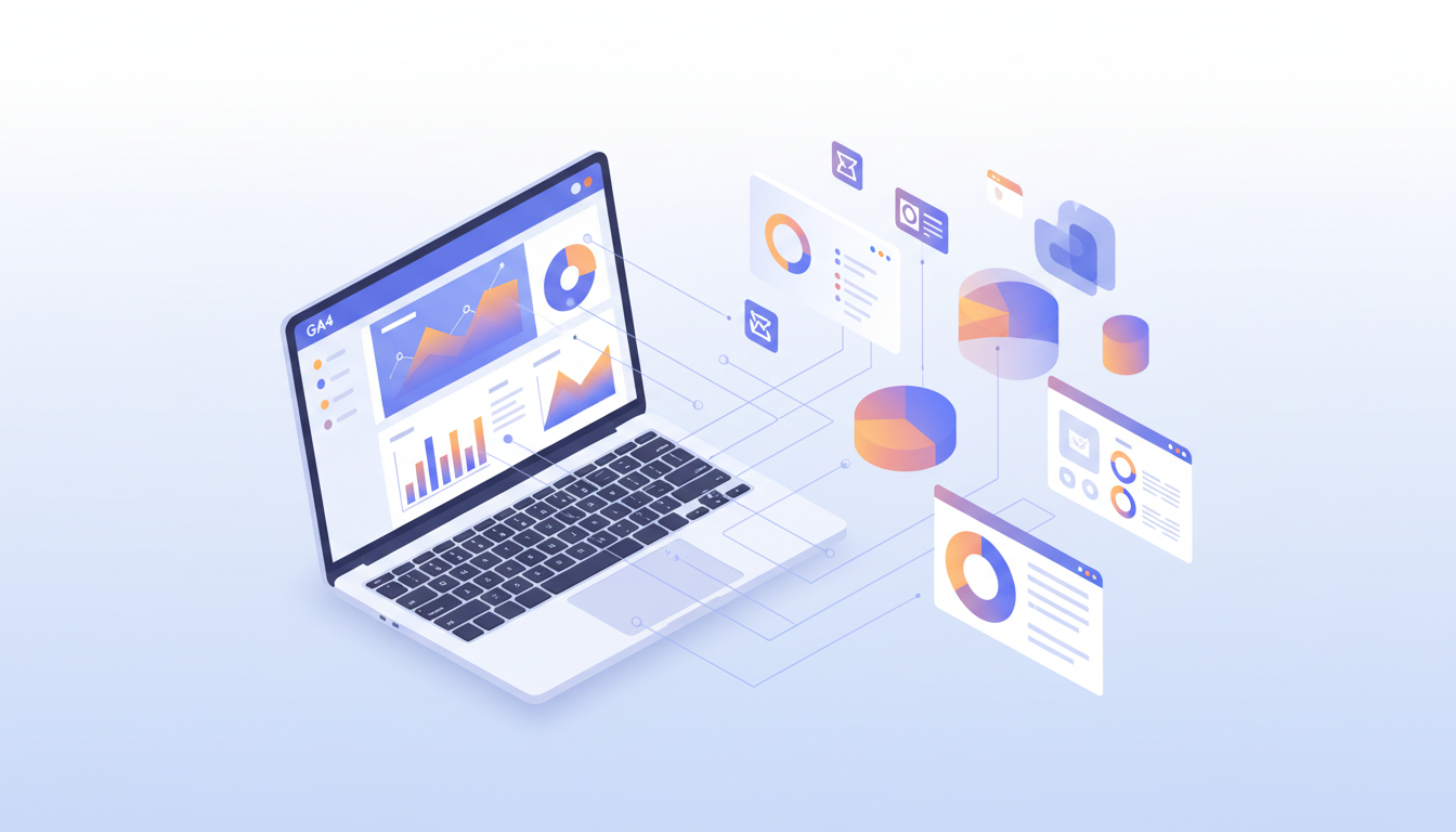 Laptop displaying Google Analytics 4 dashboard connected to data points